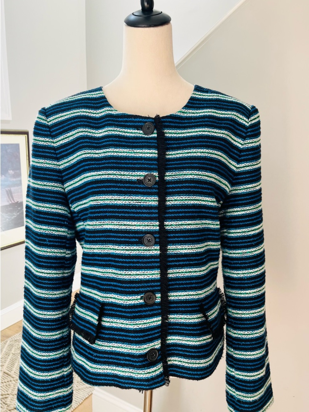 KARL LAGERFELD Paris Jacket/Blazer Stripes Fringe Logo Buttons Size Large-14